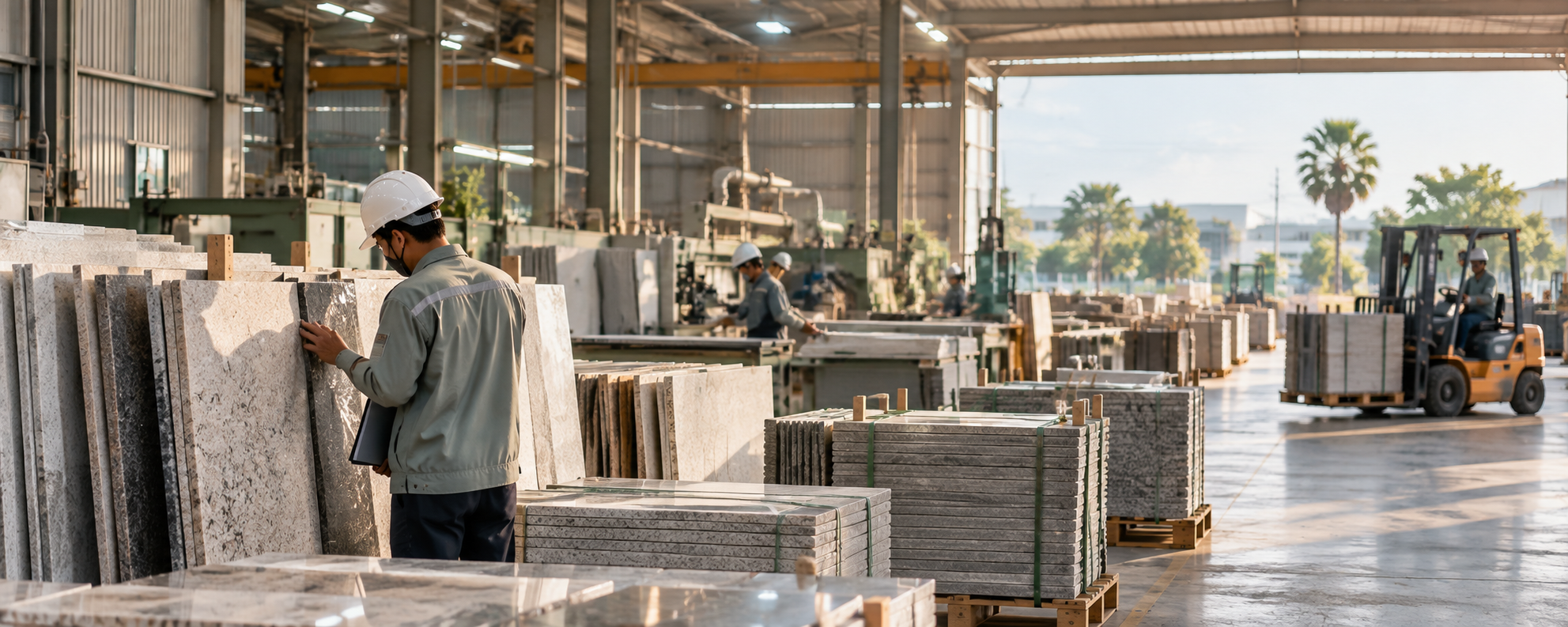 Workers inspecting stacked stone slabs in a Cambodian supplier facility, with a forklift moving pallets near the open loading bay.