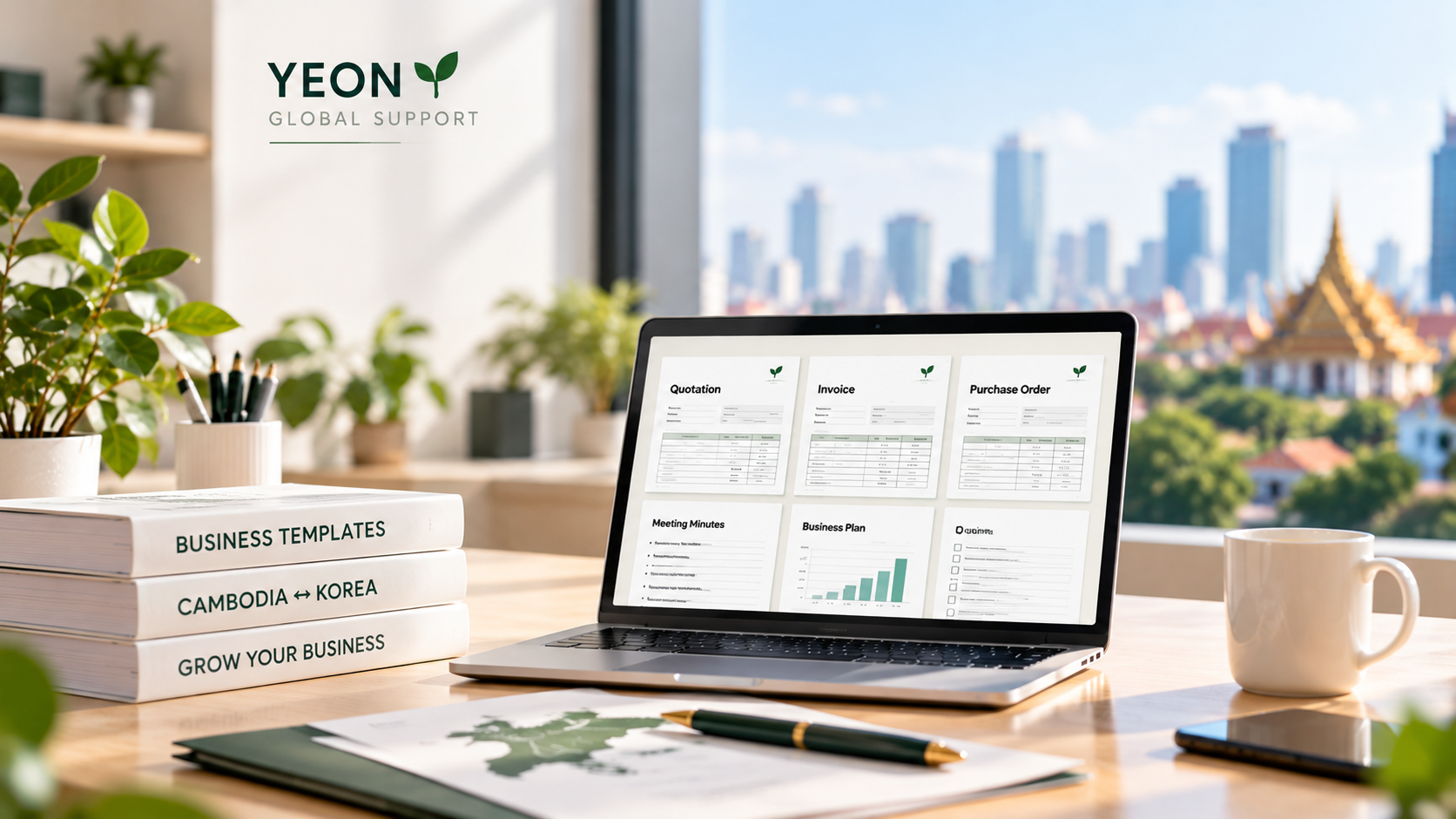 A bright office desk with a laptop showing business document templates, green-accented books and a softly blurred city skyline through the window.